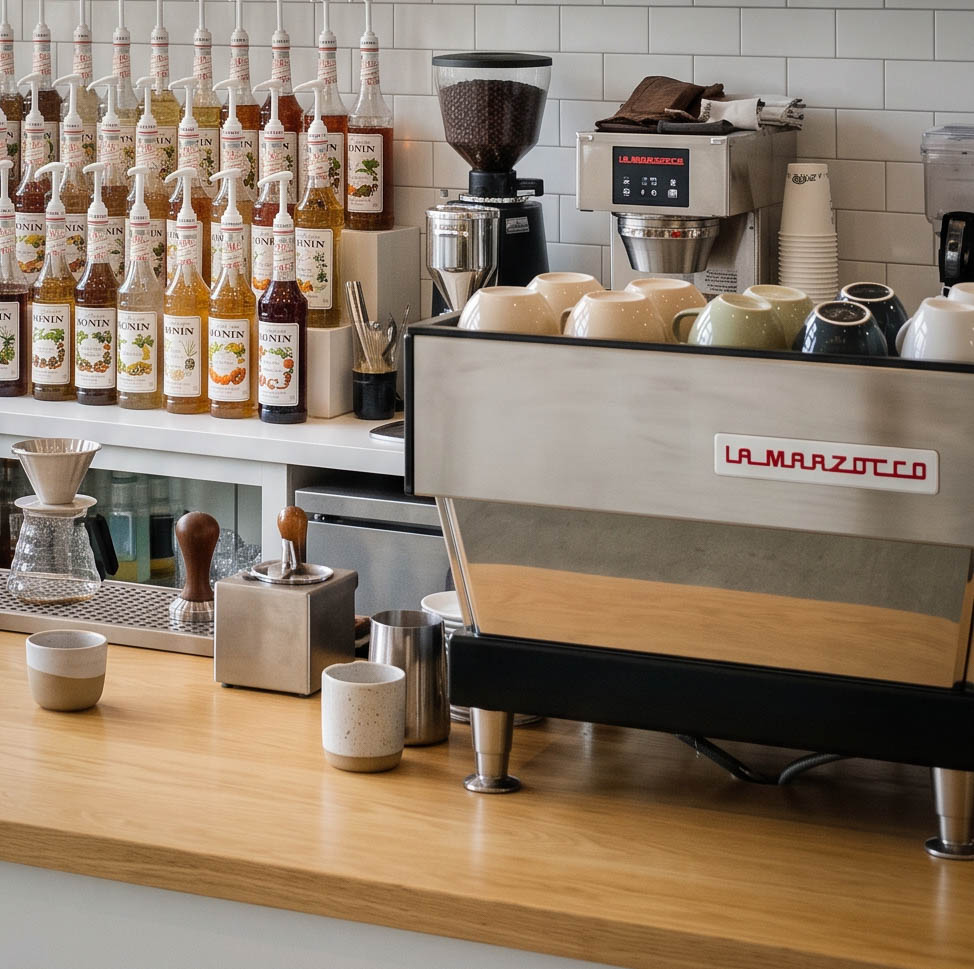 a marzocco espresso machine with a wall of monin syrups next to it