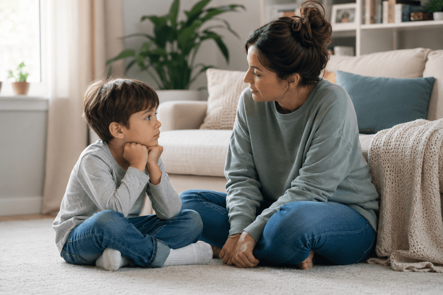Parent and child talking calmly at home during a positive discipline moment, illustrating gentle parenting and healthy parent-child communication.