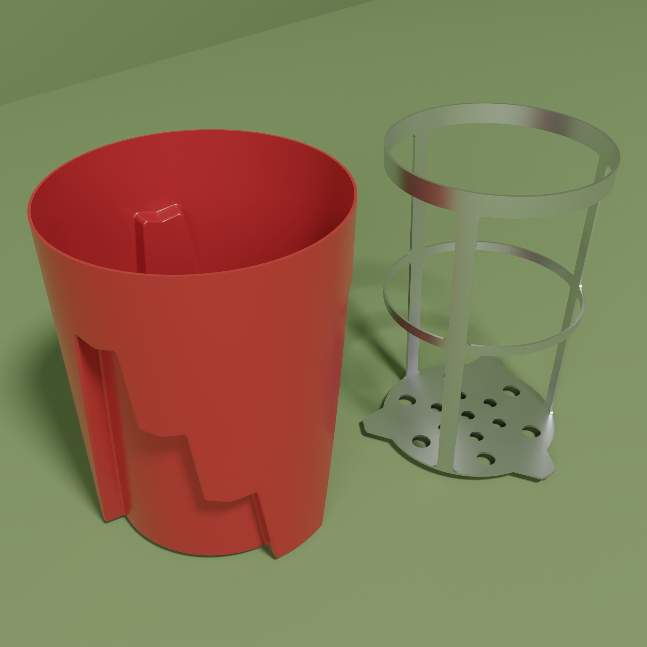 A render showing a brightly colored injection molded plastic bucket and stainless steel basket made from formed sheetmetal product concept.