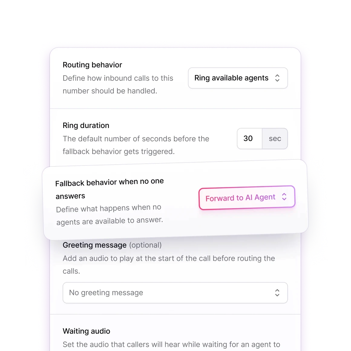 Consio call routing settings showing ring duration, fallback behavior, and AI Agent forwarding options.