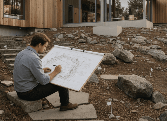 Close-up of hands shaping a physical landscape model with stones and small plants.