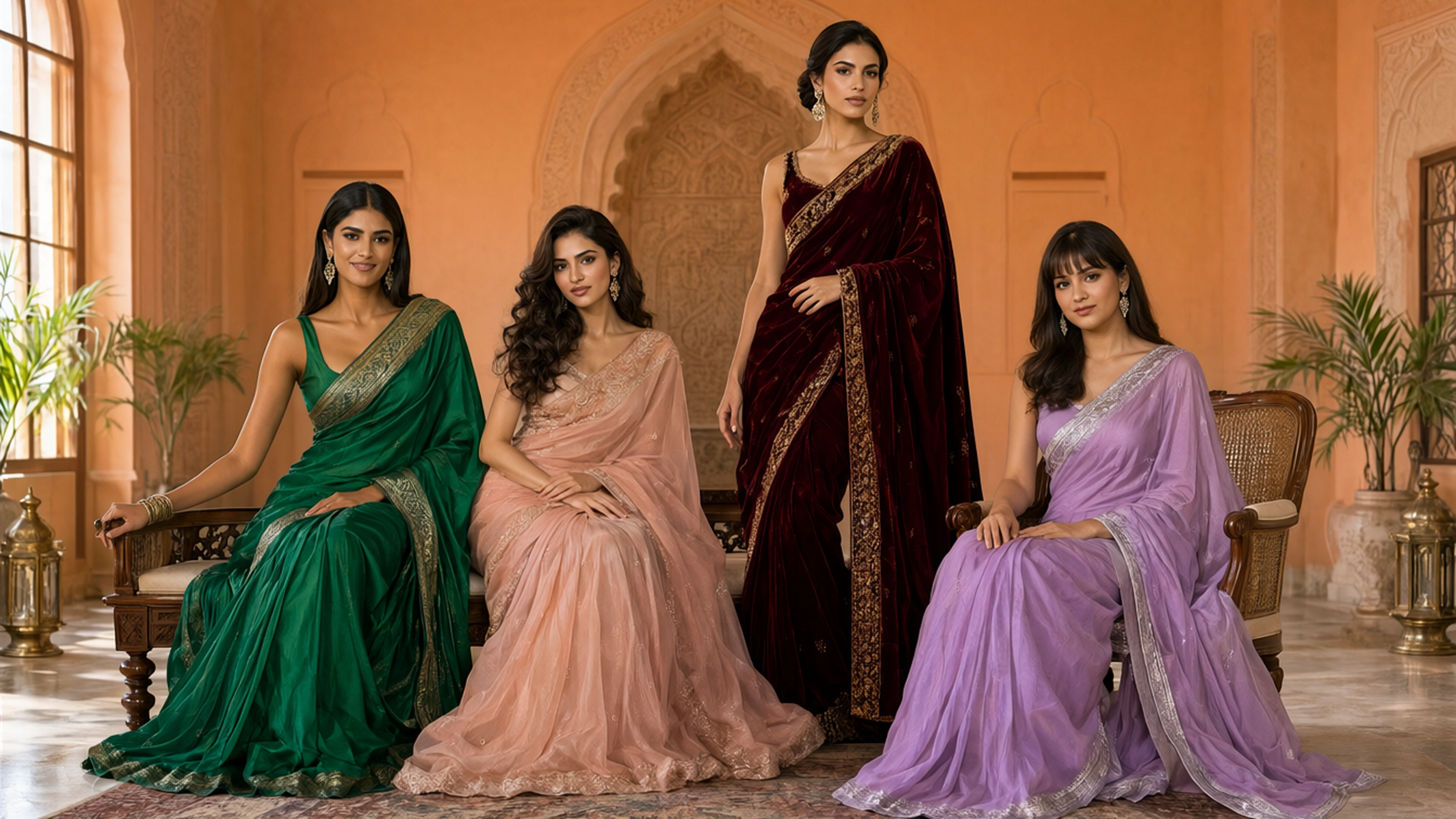 Four women in green, peach, maroon and lavender sarees seated in a warm room