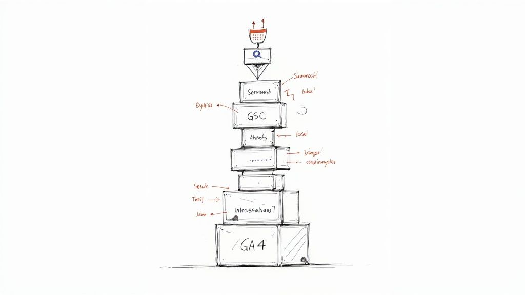 Technical diagram showing Google Analytics 4 stack with GSC integration and data flow architecture