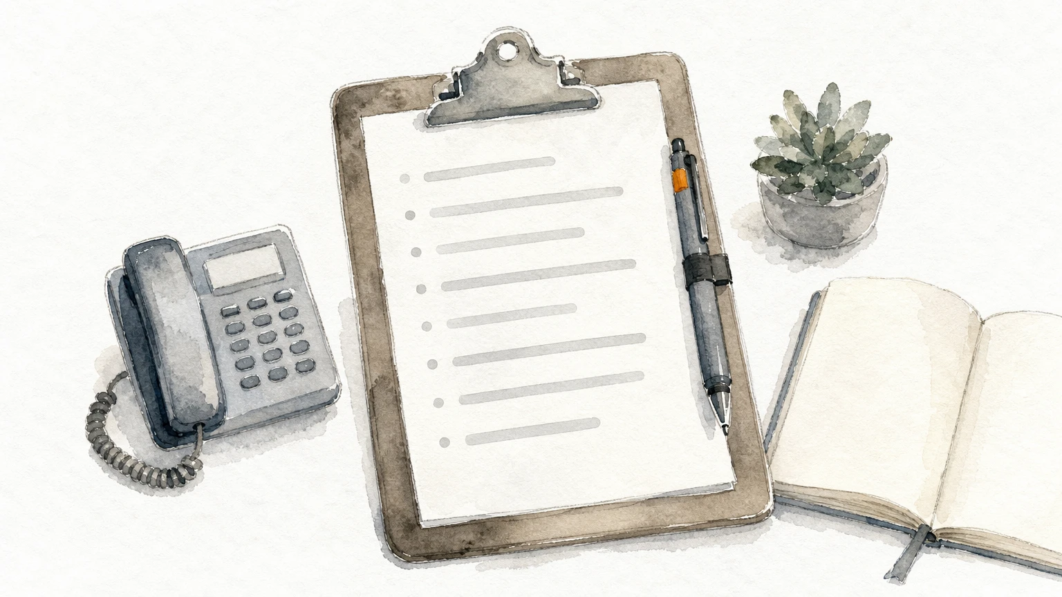 A clipboard with a question list beside a desk phone and open notebook.