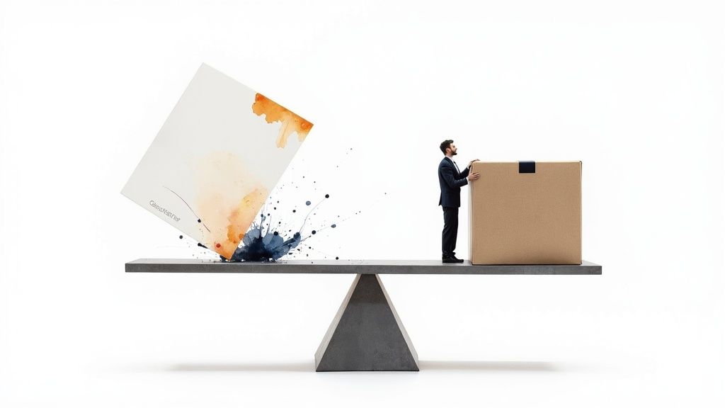 A businessman and a box on a scale, balancing against an abstract colorful document.