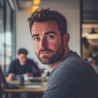 Image of mischievous looking man in office setting 