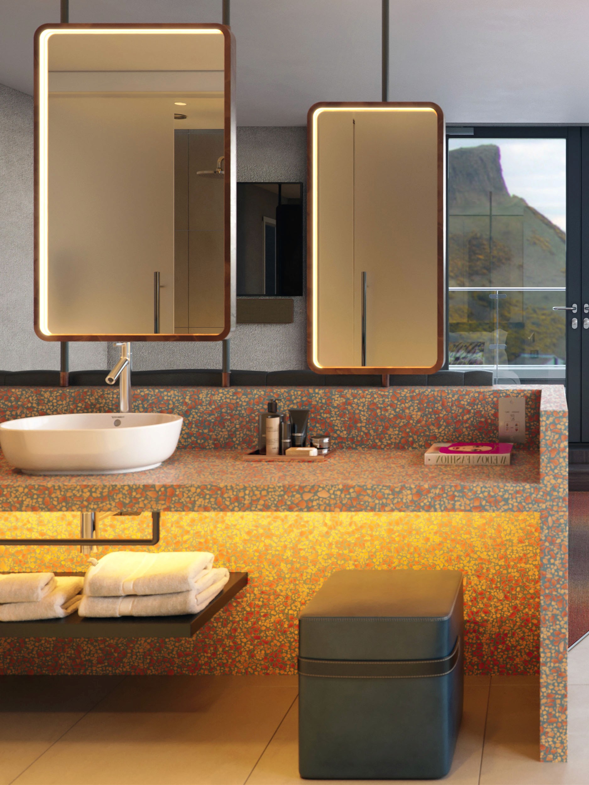 Architectural CGI render of a modern bathroom.