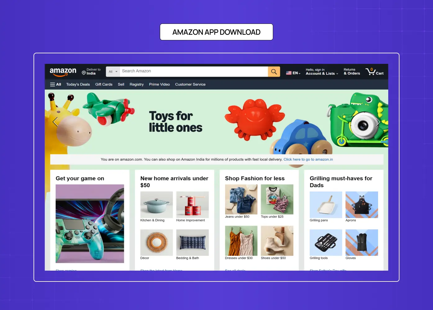 Amazon homepage featuring toy promotions, shopping categories, and product recommendation sections.