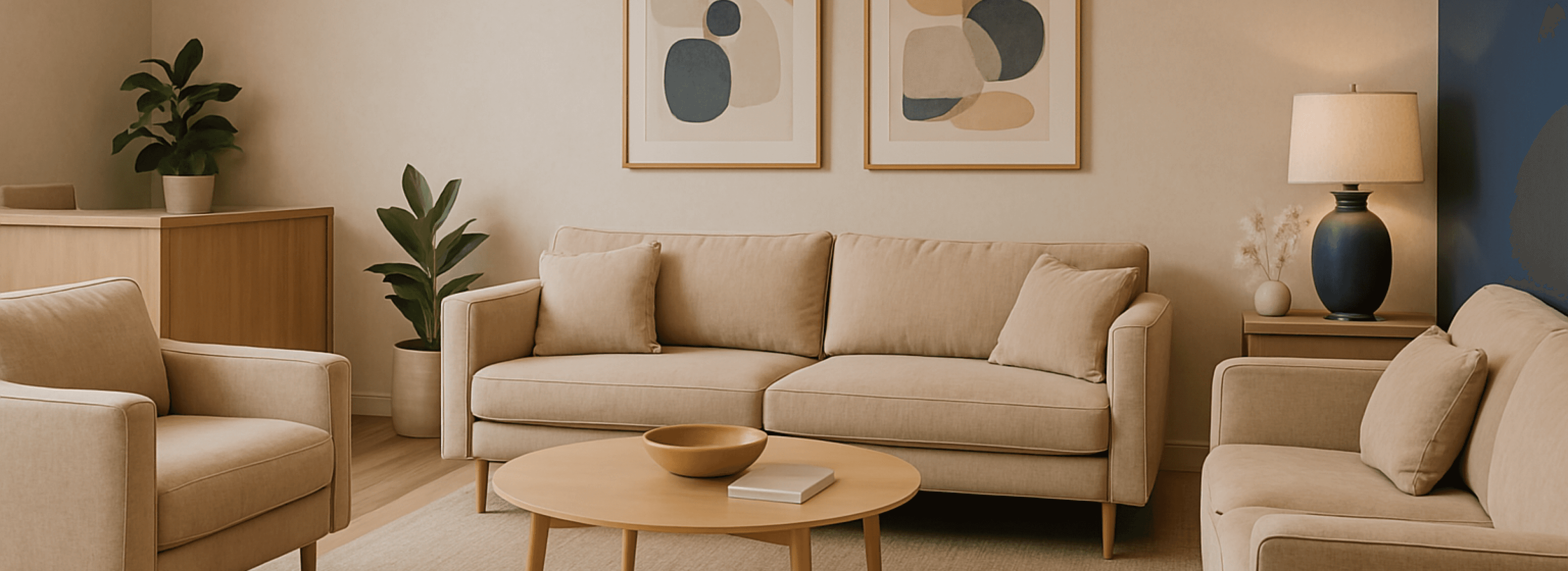 Sala de espera del centro auditivo con sofás beige, decoración cálida y ambiente acogedor
