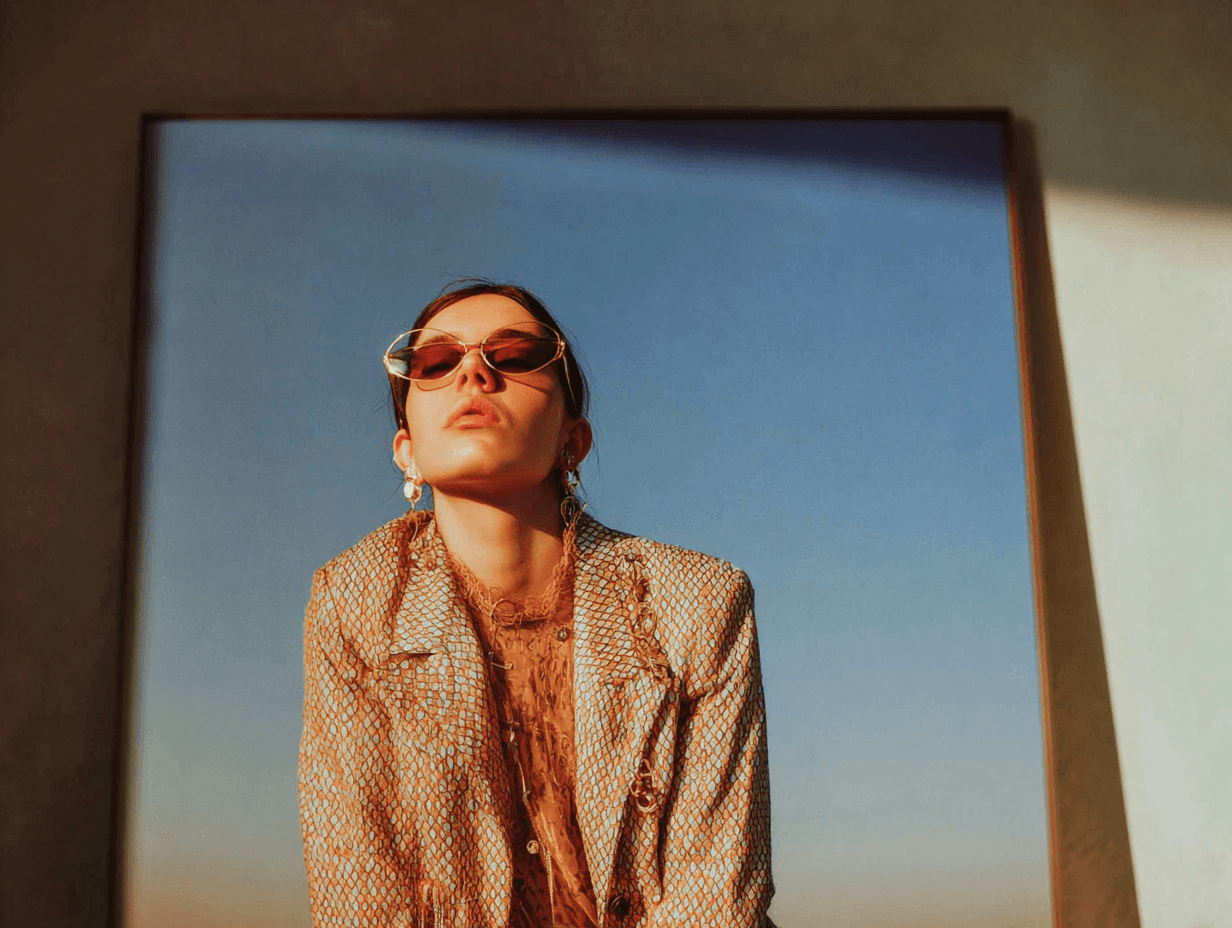 Woman in sunglasses standing in a doorframe in warm light