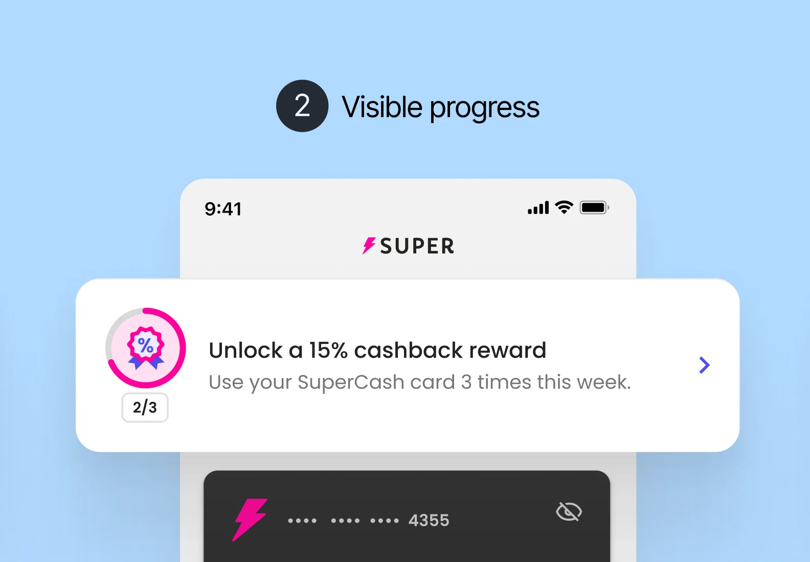 A mobile UI card labeled 'Visible progress.' The reward icon features a pink progress ring that is two-thirds full, accompanied by a '2/3' text indicator to visualize user advancement toward a cashback reward.