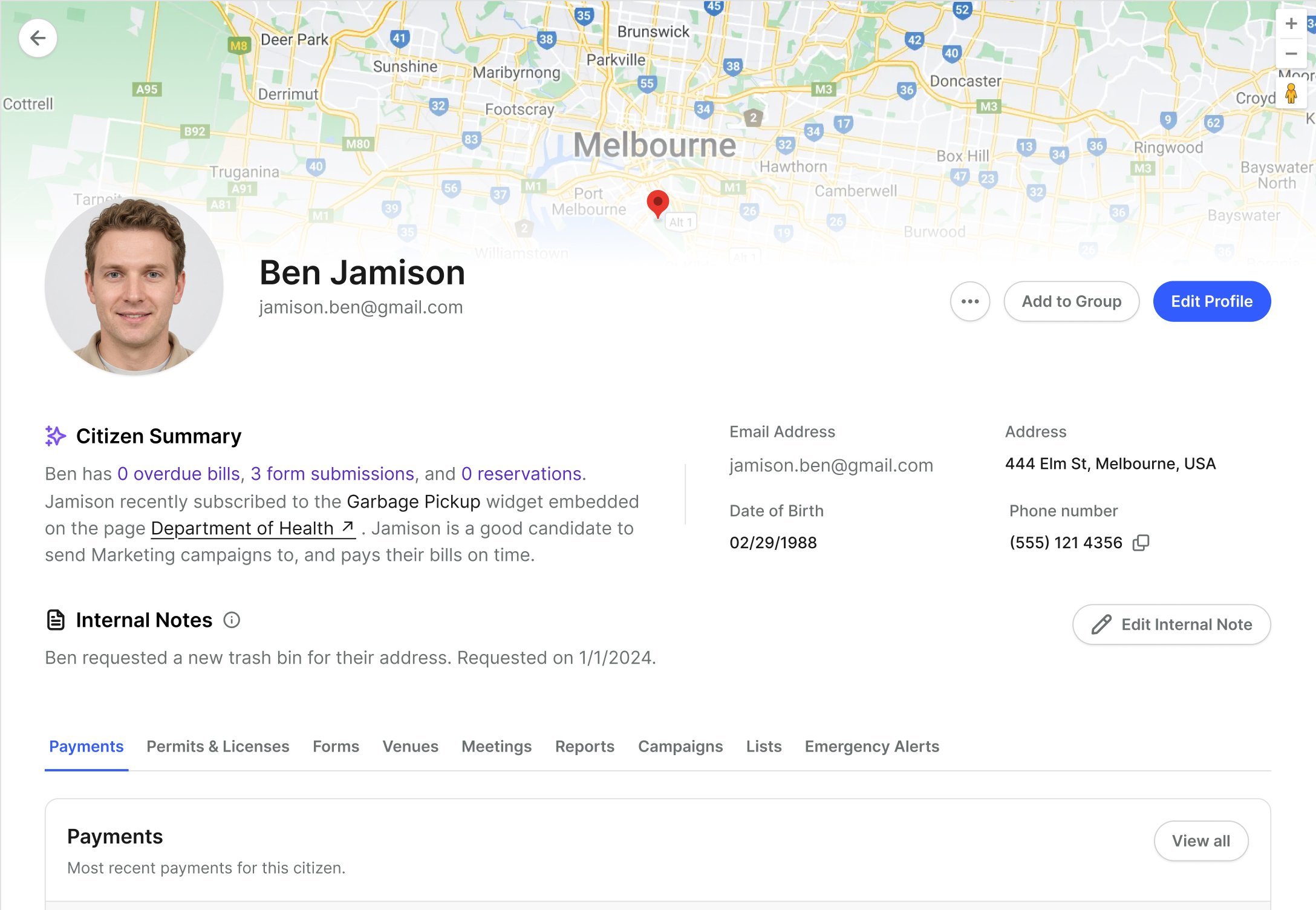 Citizen Ben Jamison profile with map and contact info