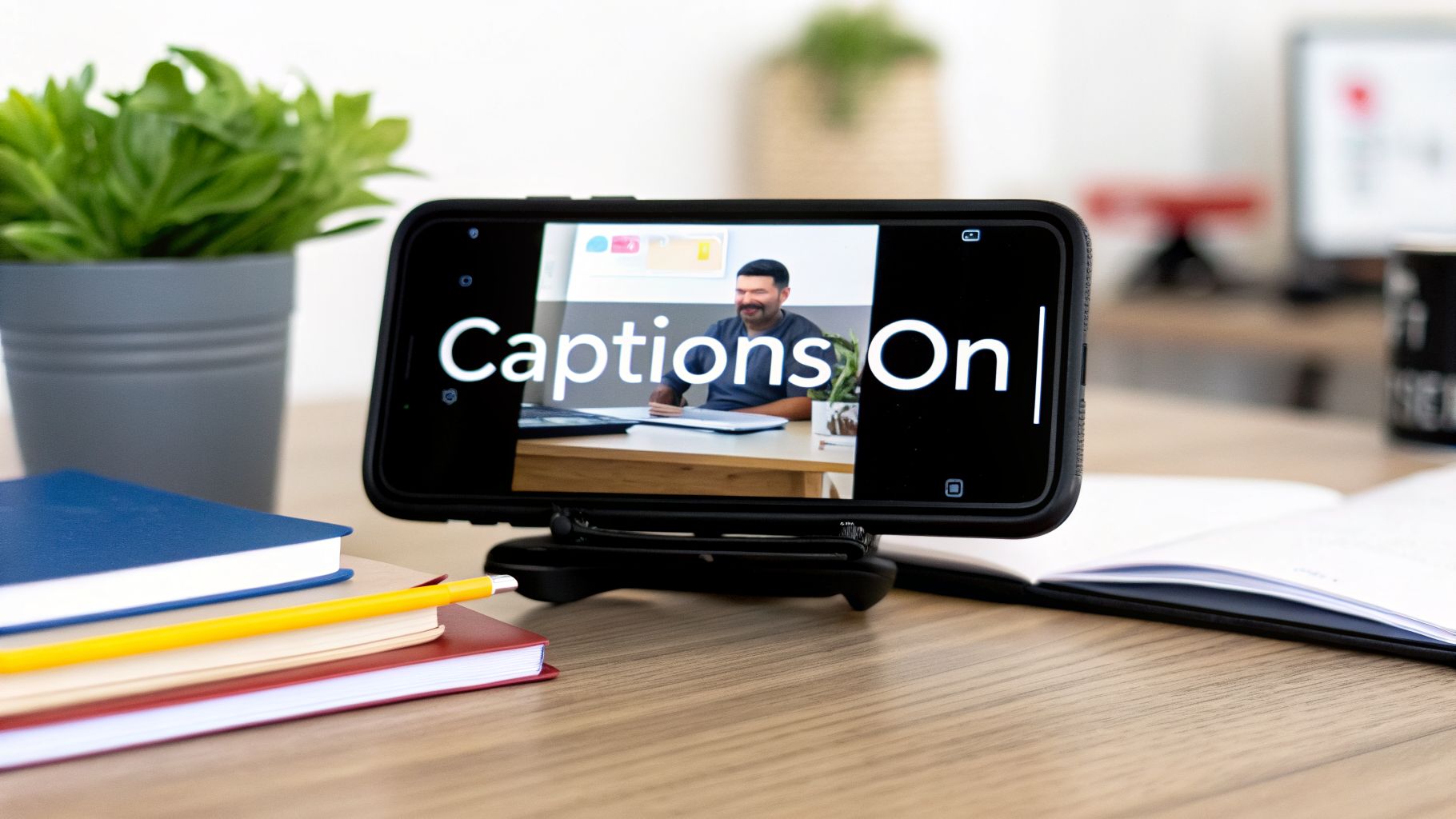 A smartphone on a desk shows a video call with a man and 'Captions On' displayed.