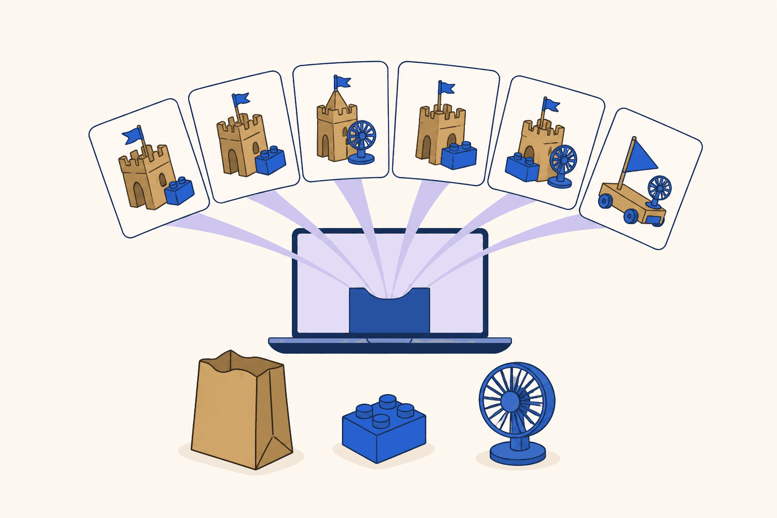 A laptop generates toy ideas from a paper bag, building block and fan, producing five similar castles and one different design.
