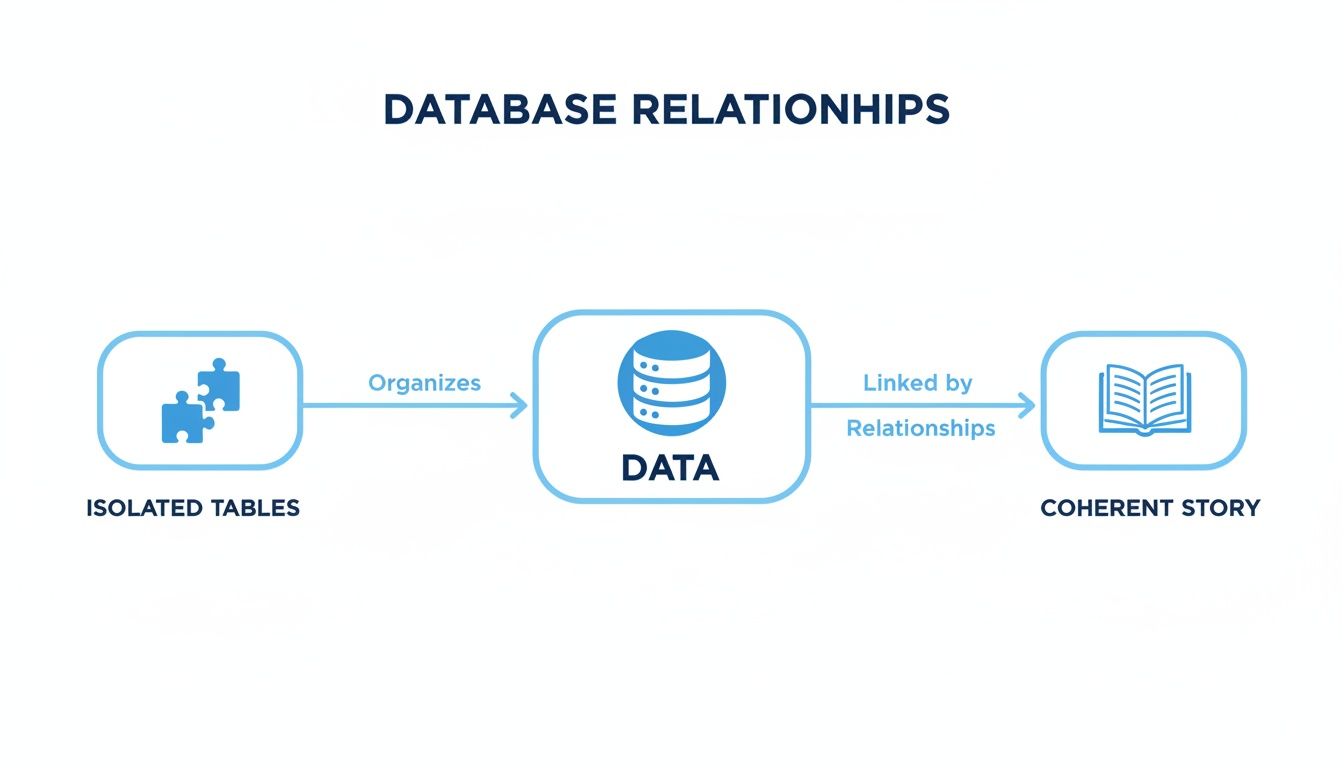 Diagram illustrating how database relationships organize isolated tables into data that forms a coherent story.