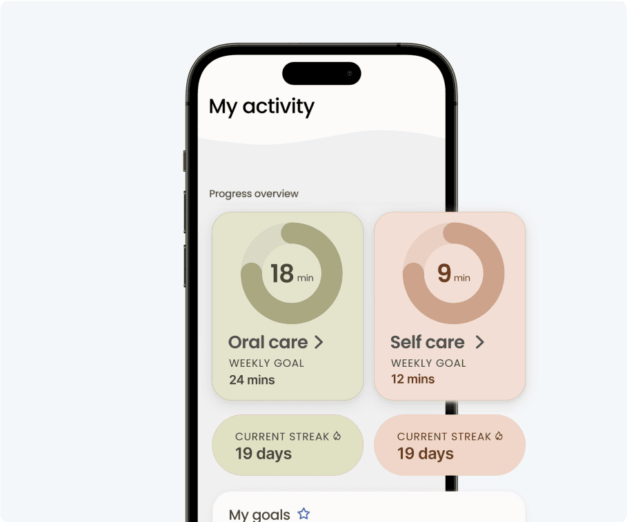 Smartphone displaying the home screens of oral care and self-care apps, with organized sections for tracking dental hygiene, wellness activities, and health progress.