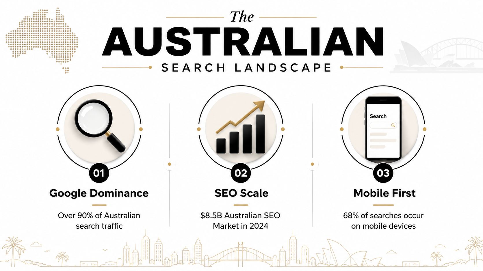An infographic titled The Australian Search Landscape, highlighting Google market dominance, SEO scale, and mobile usage statistics.