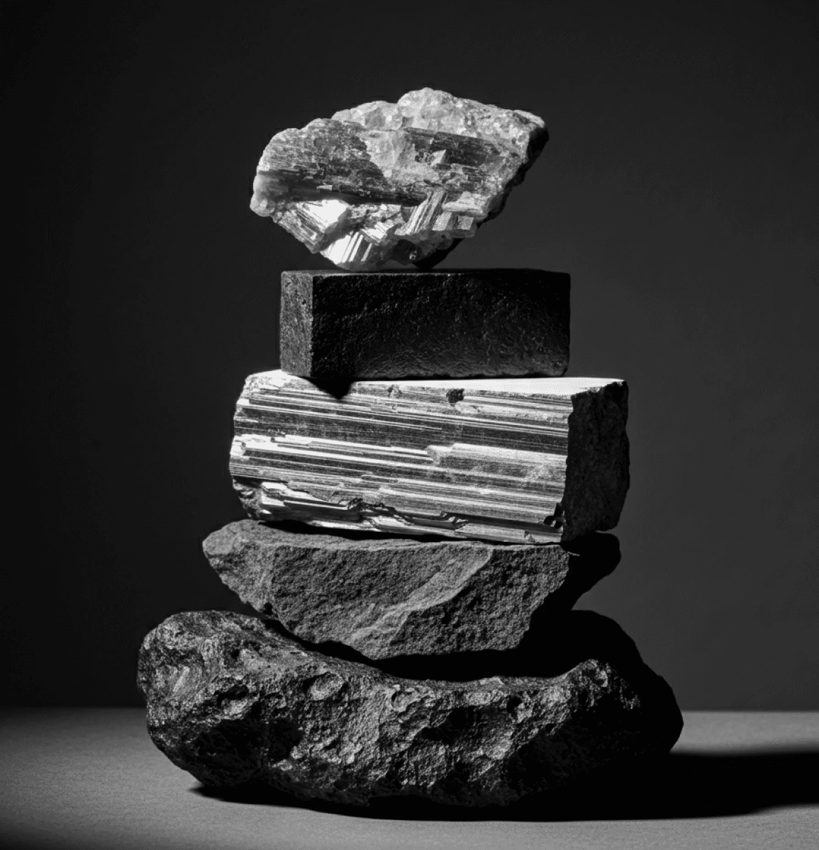 A stack of various textured rocks and minerals in a monochromatic black-and-white composition, with dramatic lighting emphasizing their unique patterns.