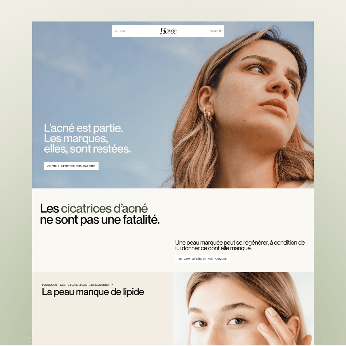 Identité visuelle landing page cosmétique Horée — design UX orienté conversion, Mélanie Depré