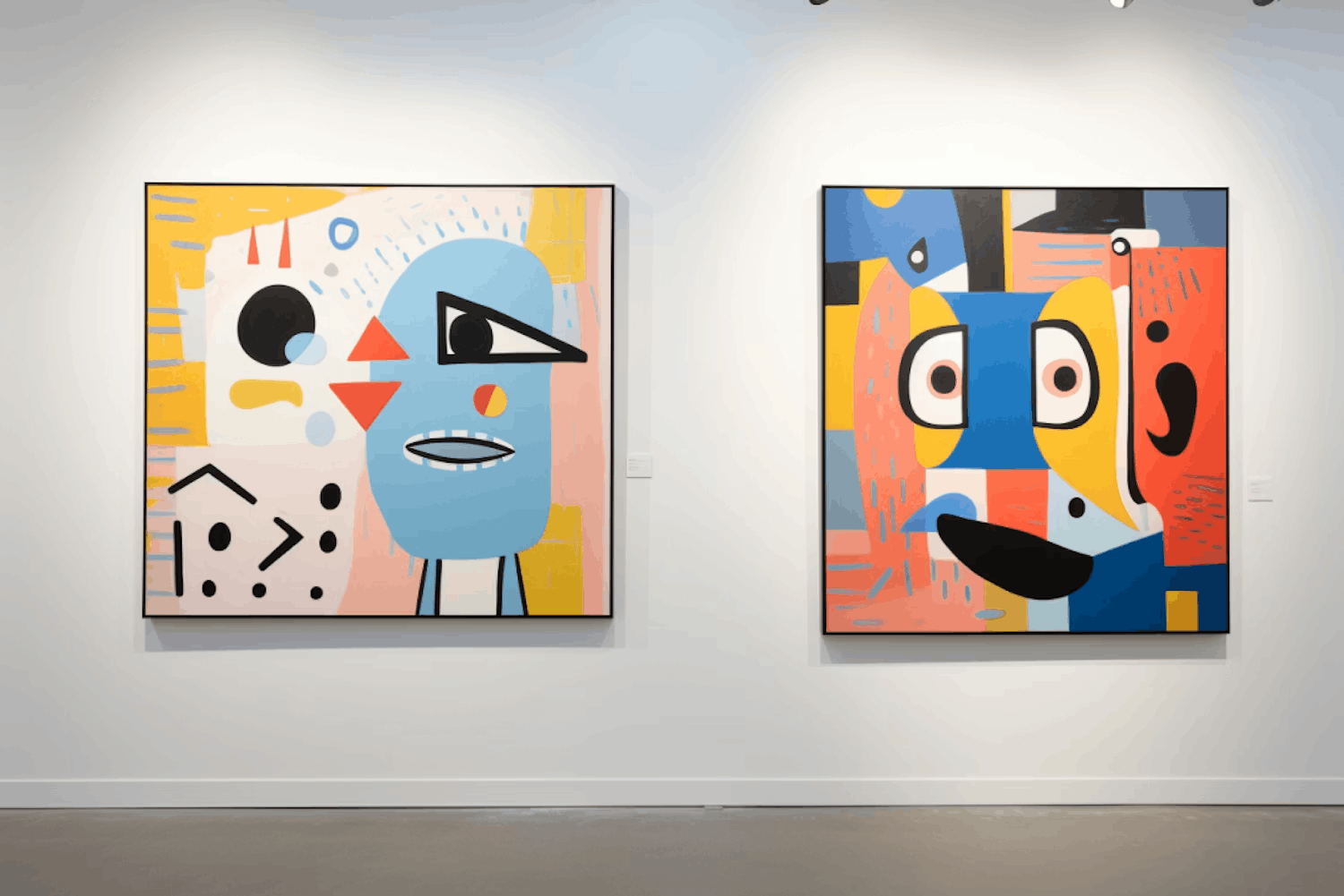 Two vibrant abstract paintings featuring geometric faces.