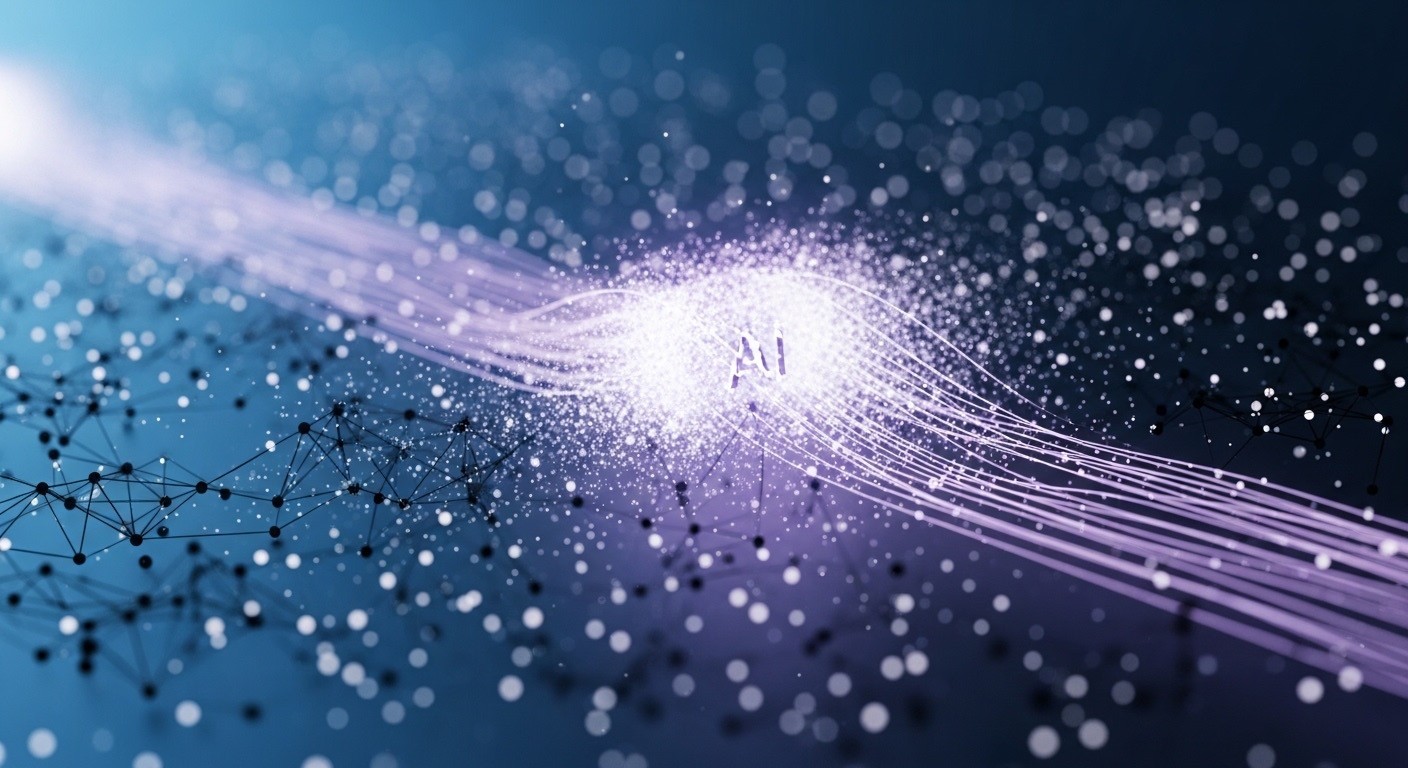 Glowing AI signal moving through a connected data network, representing improved AI search visibility and authority for B2B brands