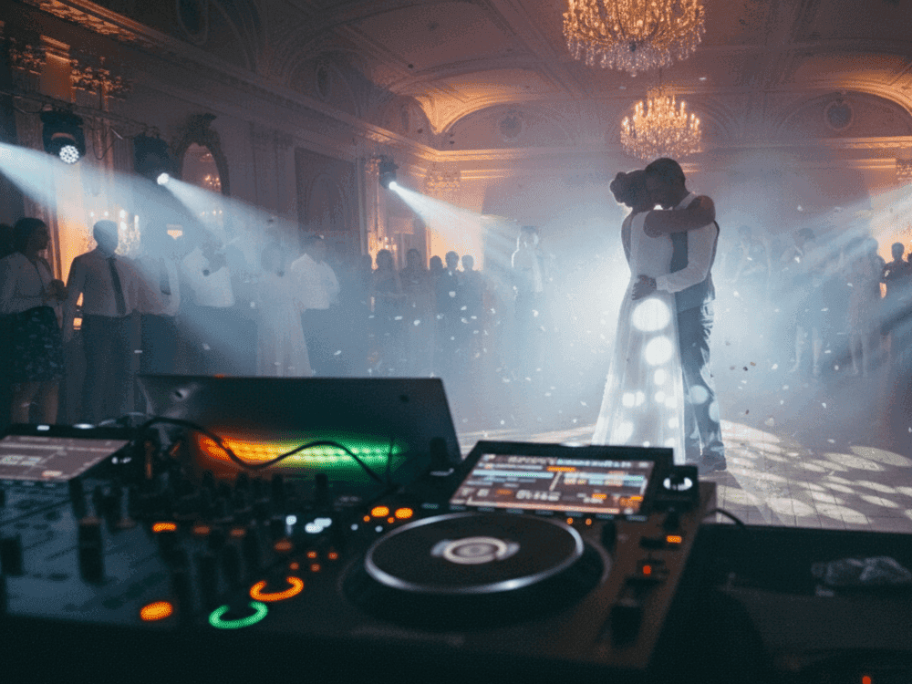Mariés enlacés sur la piste, platines au premier plan, soirée animée par Pianotek Event
