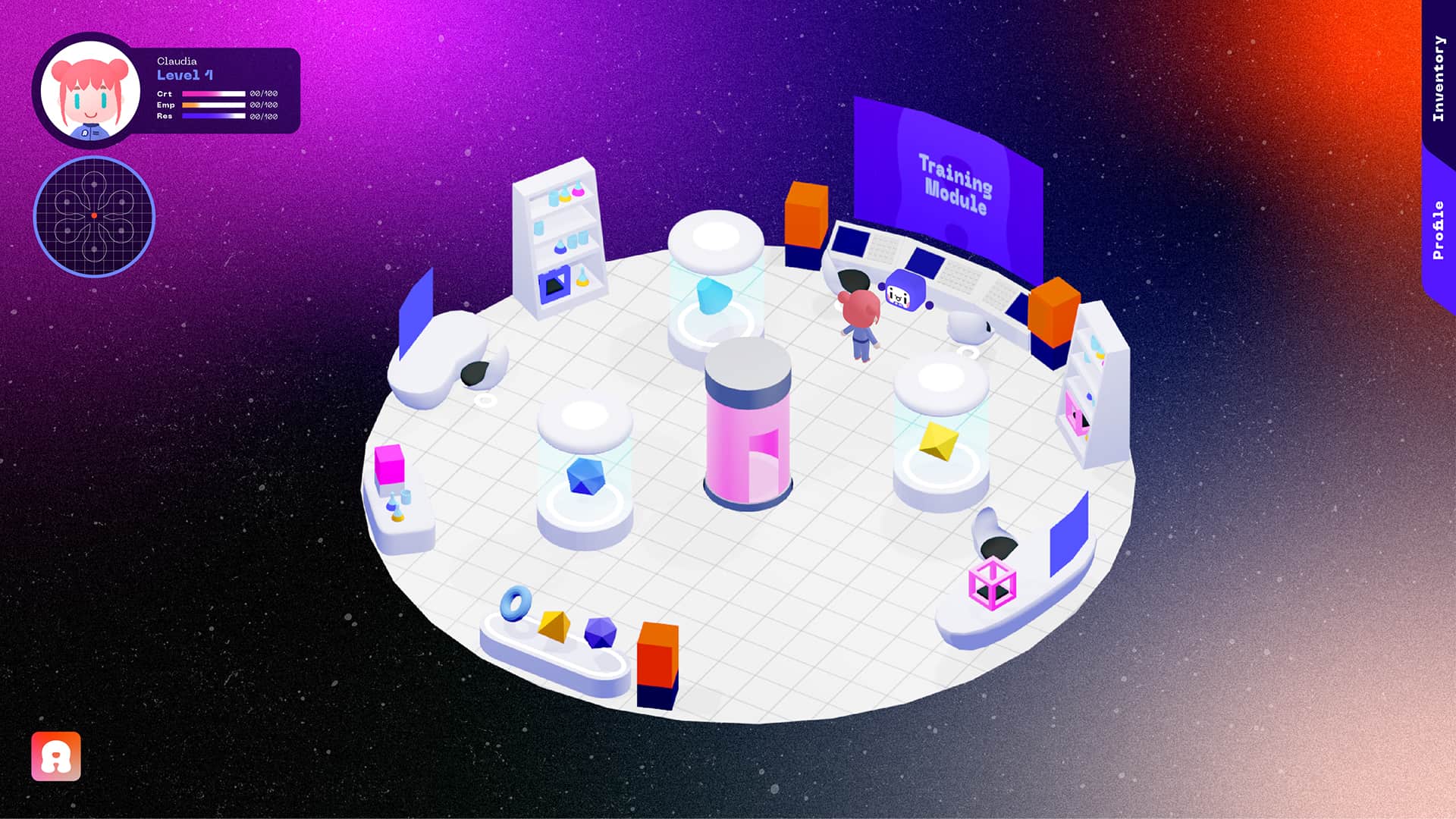 A circular room with white grid flooring contains various colorful objects including a pink cylinder, a blue screen displaying “Training Module”, a white cabinet with shelves, a white couch, a blue screen with a white frame, a pink box, a blue box, a pink star-shaped object, a blue cube, and a small orange cube. A small figure in a red shirt is visible near the screen. A circular interface in the top left corner displays “Clarity: 71%”, “Level: 4”, and “Inventory: 0”. The background is dark purple with lighter purple and orange gradient.