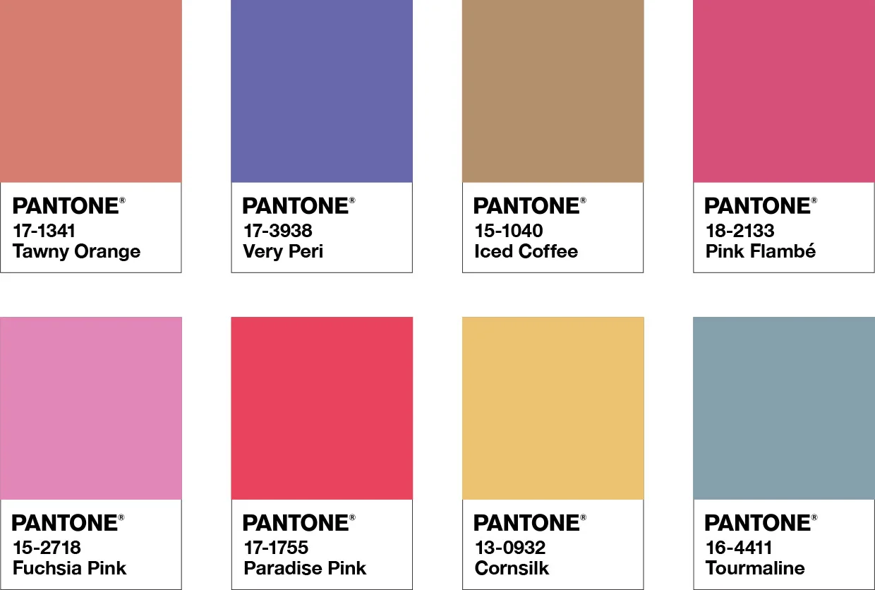 Grid of Pantone color cards showing Tawny Orange, Very Peri, Iced Coffee, and pink shades.