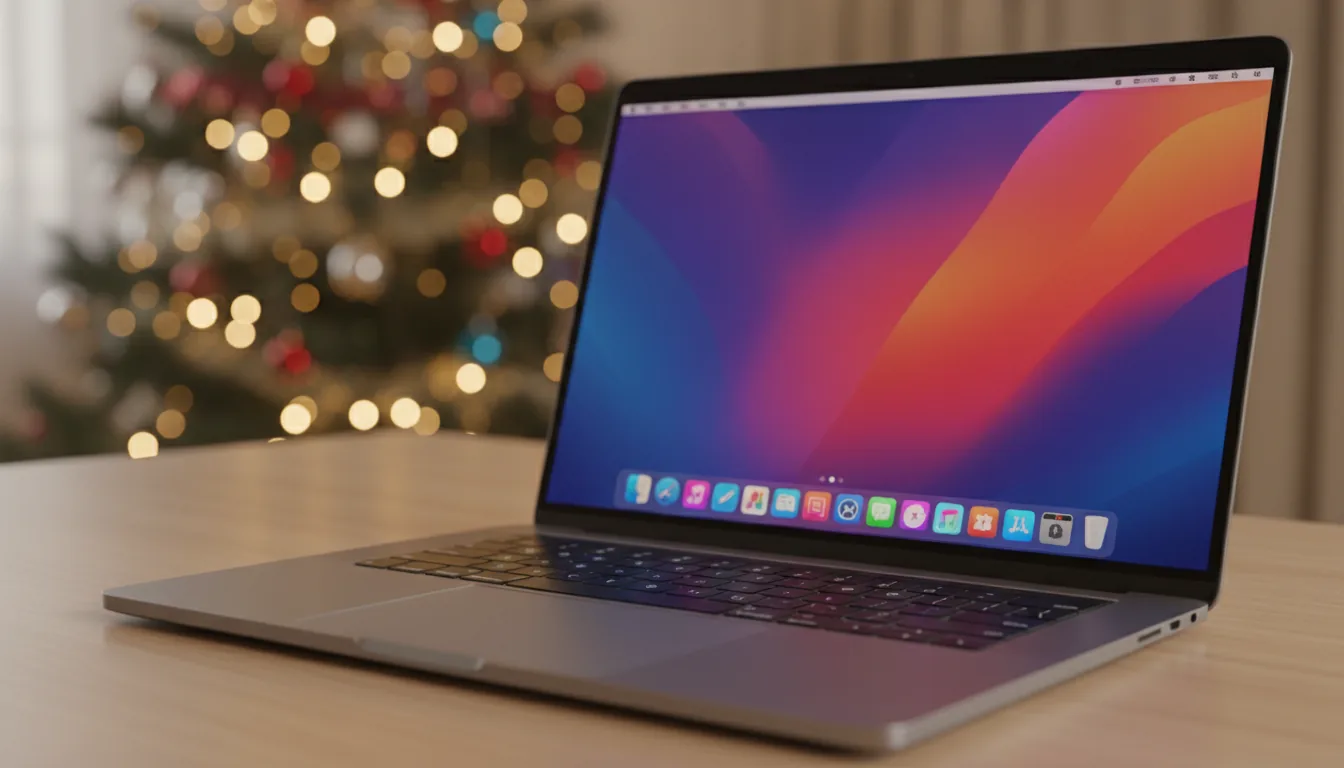 DSLR close-up photograph of a modern space gray MacBook Pro, angled view on a light wood grain desk. The screen is illuminated, displaying a vibrant, abstract wallpaper with flowing waves of purple, blue, orange, and red. The macOS interface is visible with a dock at the bottom filled with colorful placeholder icons for digital art software. Soft ambient lighting creates a warm atmosphere. The background is heavily blurred with a strong bokeh effect, showing a decorated Christmas tree with festive lights. The focus is tack-sharp on the laptop's screen and keyboard, emphasizing its premium metallic texture.