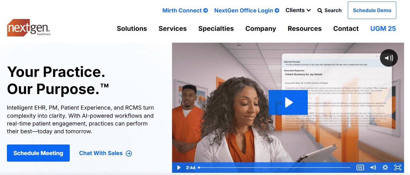 Homepage screenshot of NextGen Healthcare showcasing the hero section and navigation bar
