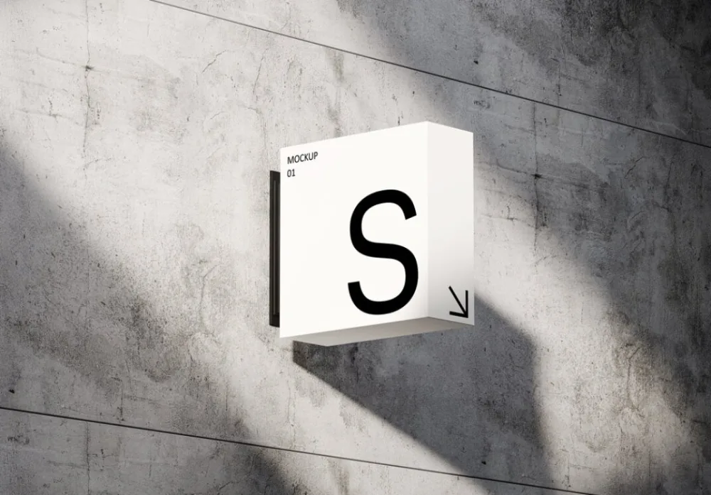 Wall-mounted square signage mockup featuring a minimalist white box with bold black text and an arrow icon. Displayed against a textured concrete wall with soft sunlight and dramatic shadows.