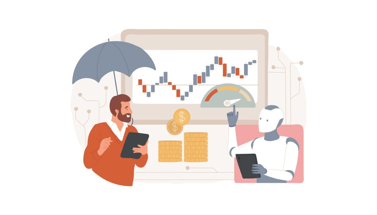 Illustration of a human and robot analyzing financial charts and performance gauges—symbolizing the intersection of AI leadership, ChatGPT technology, and market dynamics surrounding OpenAI.