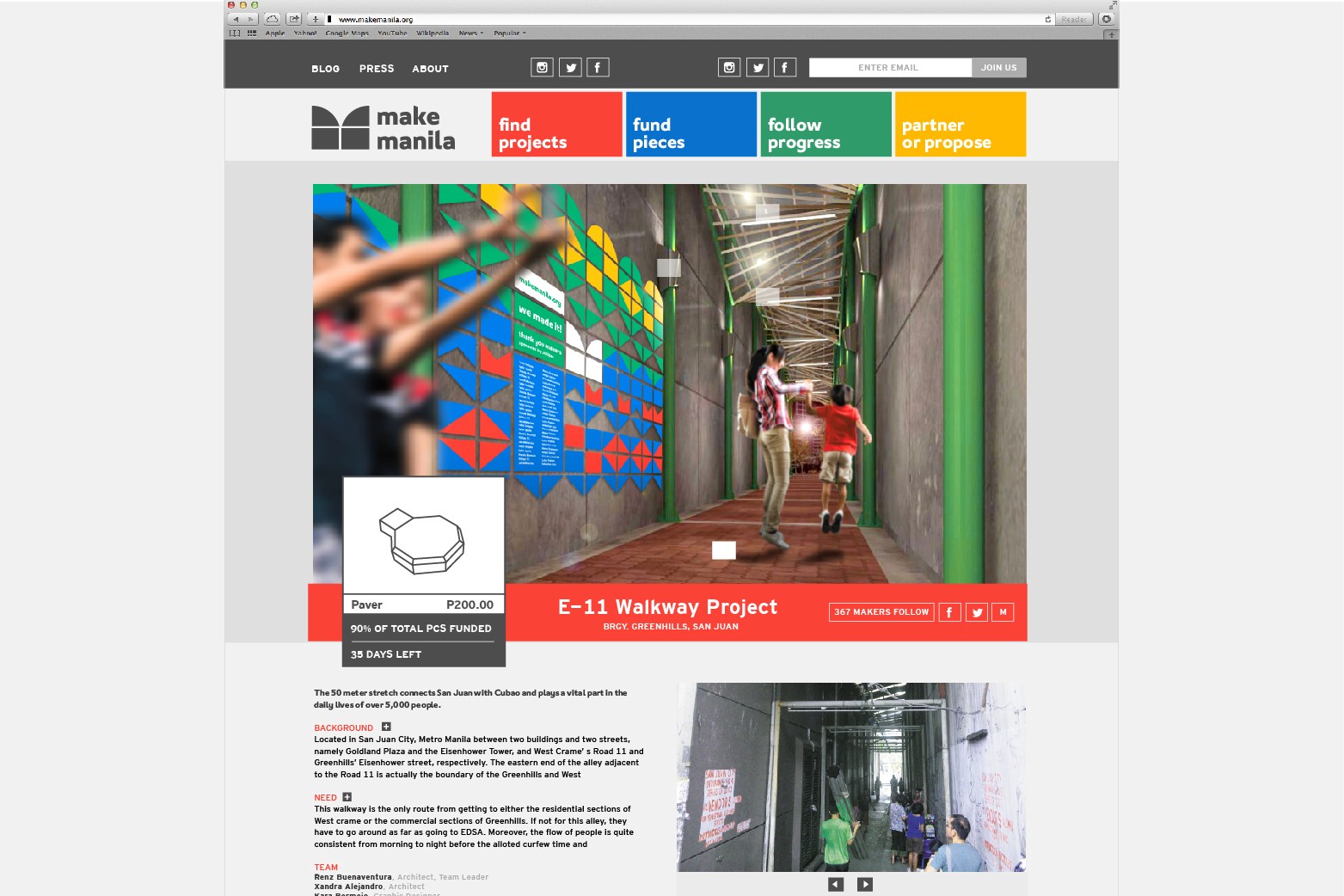 A webpage displays a digital model of a walkway project in E-11, Greenhills, San Juan. The model shows two people walking along a path with colorful geometric patterns on the walls. A white square icon labeled “Pover” with a price of $200.00 is positioned near the model. The webpage includes navigation links such as “BLOG,” “PRESS,” “ABOUT,” “find projects,” “fund pieces,” “follow progress,” and “partner propose.” A smaller image shows people walking through a narrow passageway, and a sidebar lists “TEAM” and “ARCHITECT” roles.