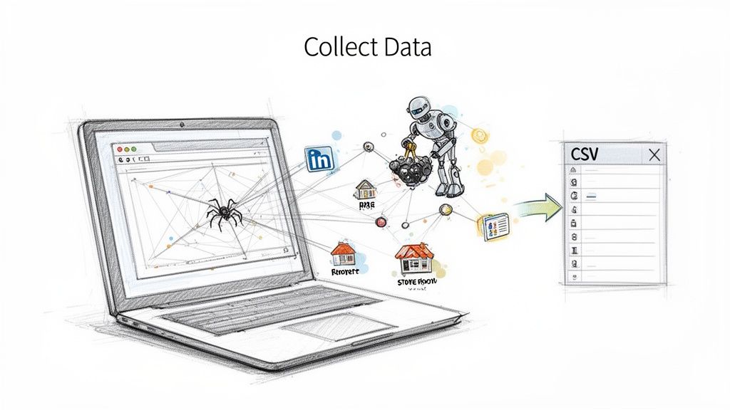 Illustration of a robot collecting data from various online sources and organizing it into a CSV file.