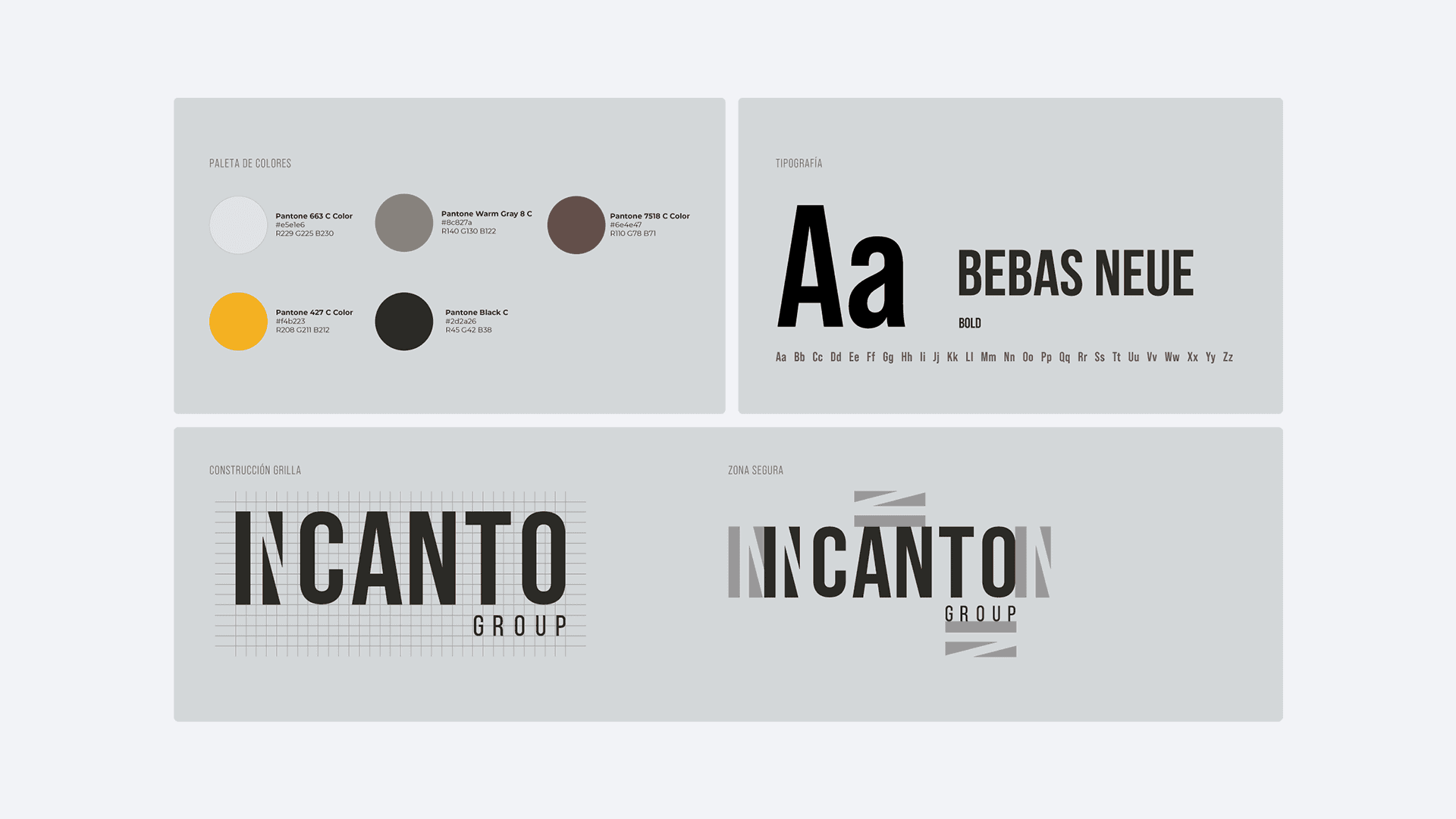 Guía de marca con paleta de colores, tipografía Bebas Neue y variaciones del logo de Incanto Group.