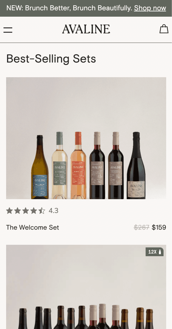 Mobile product page for Avaline best-selling wine sets