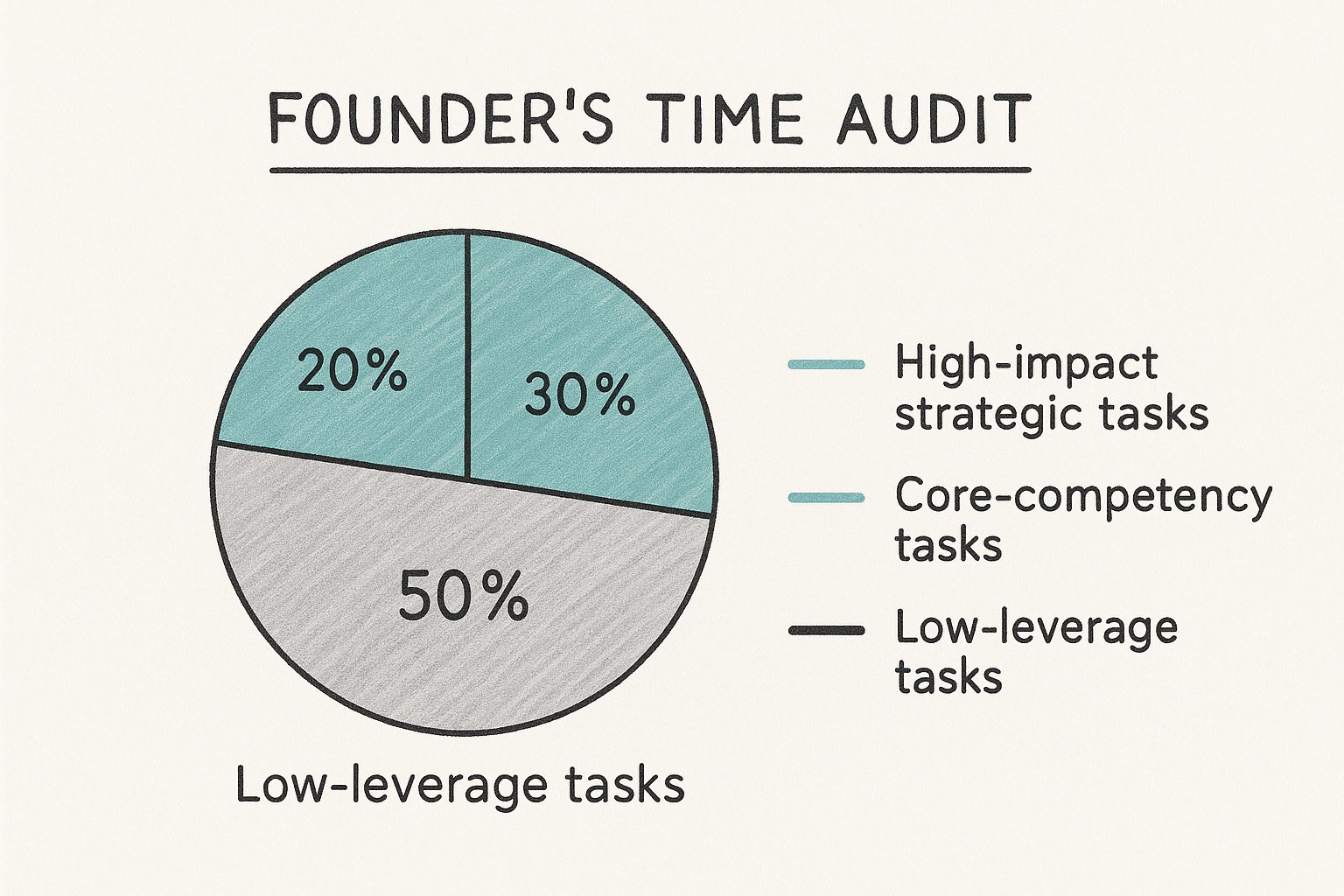 An infographic pie chart shows a founder’s time audit: 50% low-leverage tasks, 30% core-competency tasks, and 20% high-impact strategic tasks.