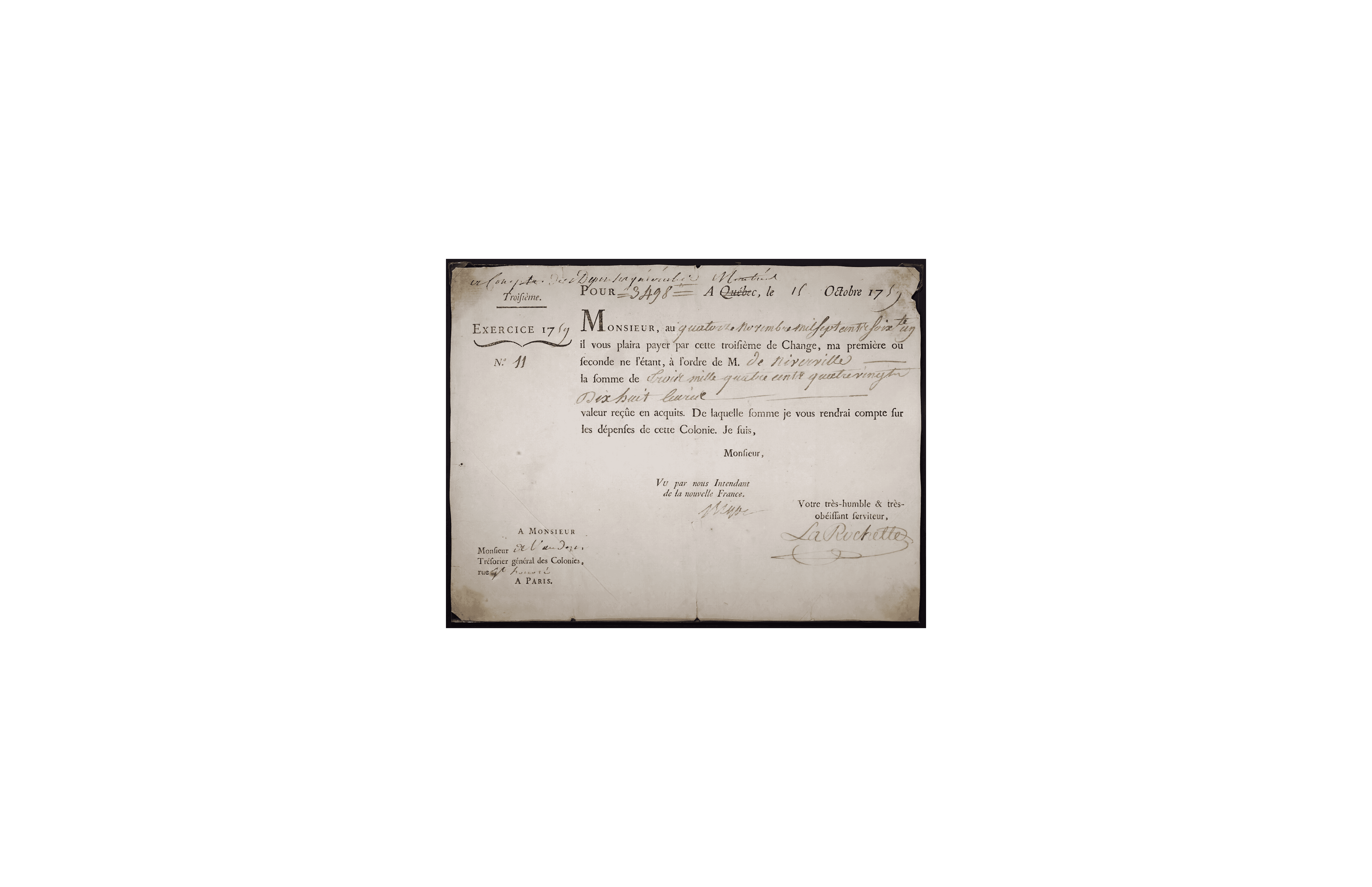 Eighteenth-century handwritten bill of exchange directing payment between parties without transporting precious metal between locations.