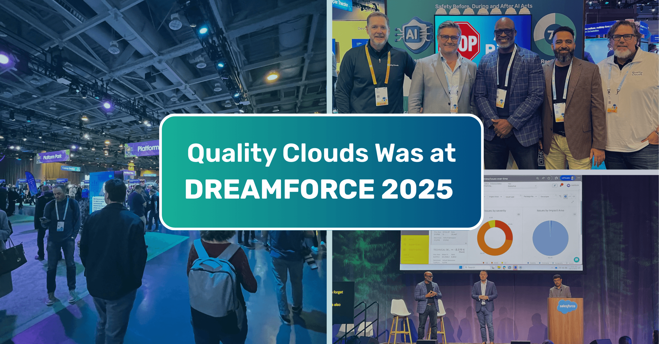 Quality Clouds team at Dreamforce 2025, showcasing platform governance solutions with event photos and booth highlights