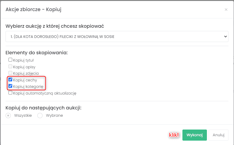 Menu Akcje zbiorcze w formularzu wystawiania Apilo z opcjami Kopiuj cechy i Kopiuj kategorie