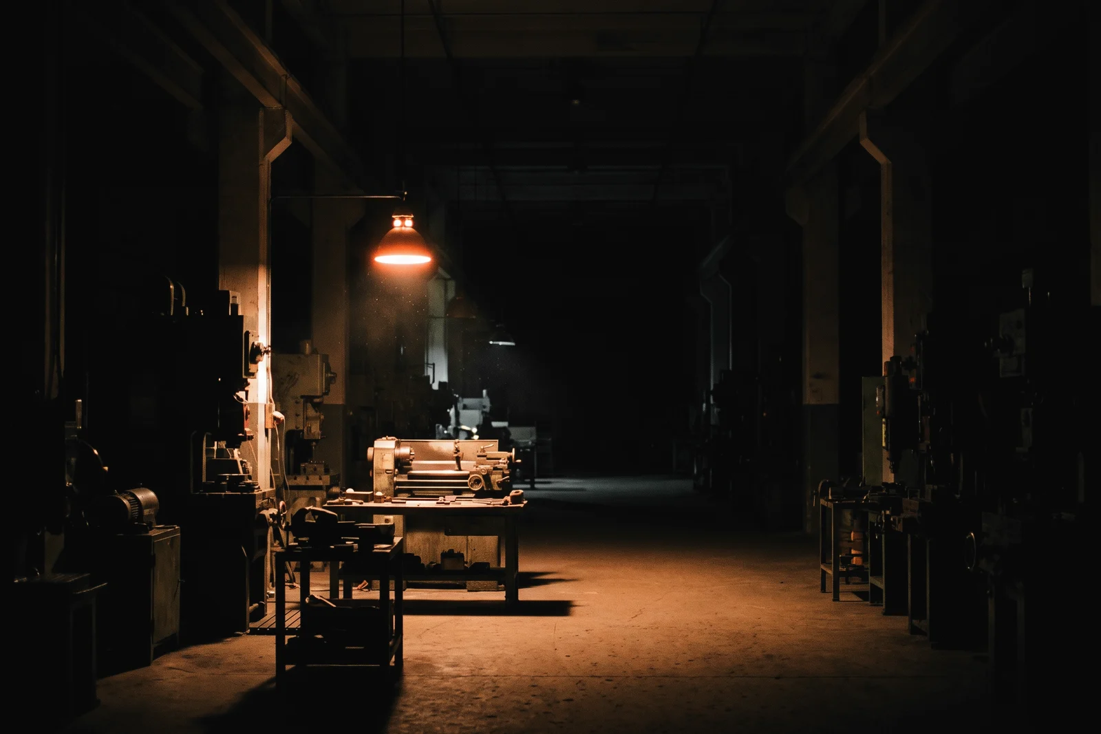 A machine shop floor under a single hanging lamp