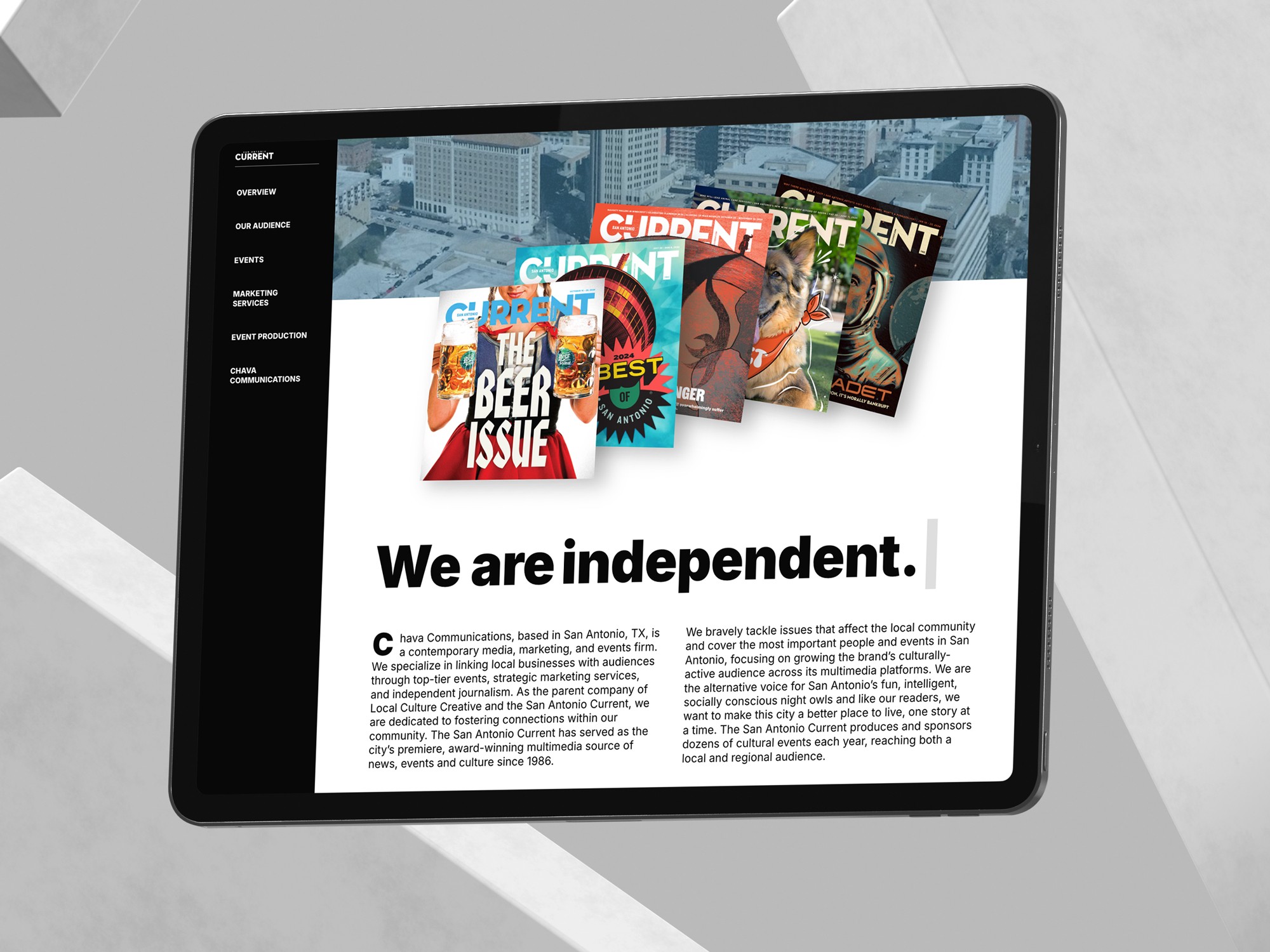 San Antonio Current digital media kit homepage showing modern web design and publication statistics