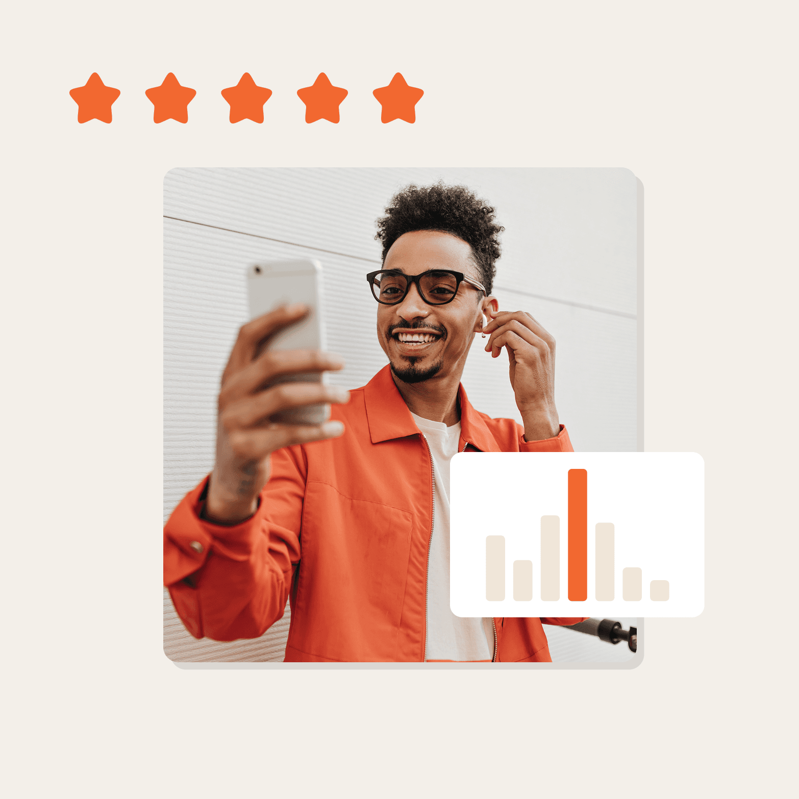 A smiling man wearing glasses and an orange jacket holding a smartphone, with five orange stars above the image and a bar chart graphic overlaid in the corner, suggesting customer feedback and research analytics.