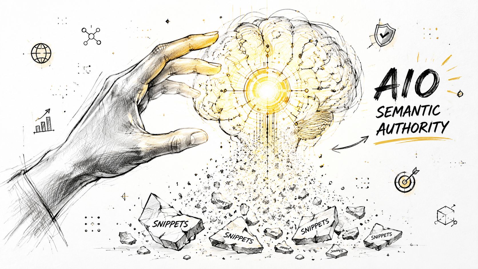A hand interacting with a glowing brain graphic that is breaking apart into search snippets.