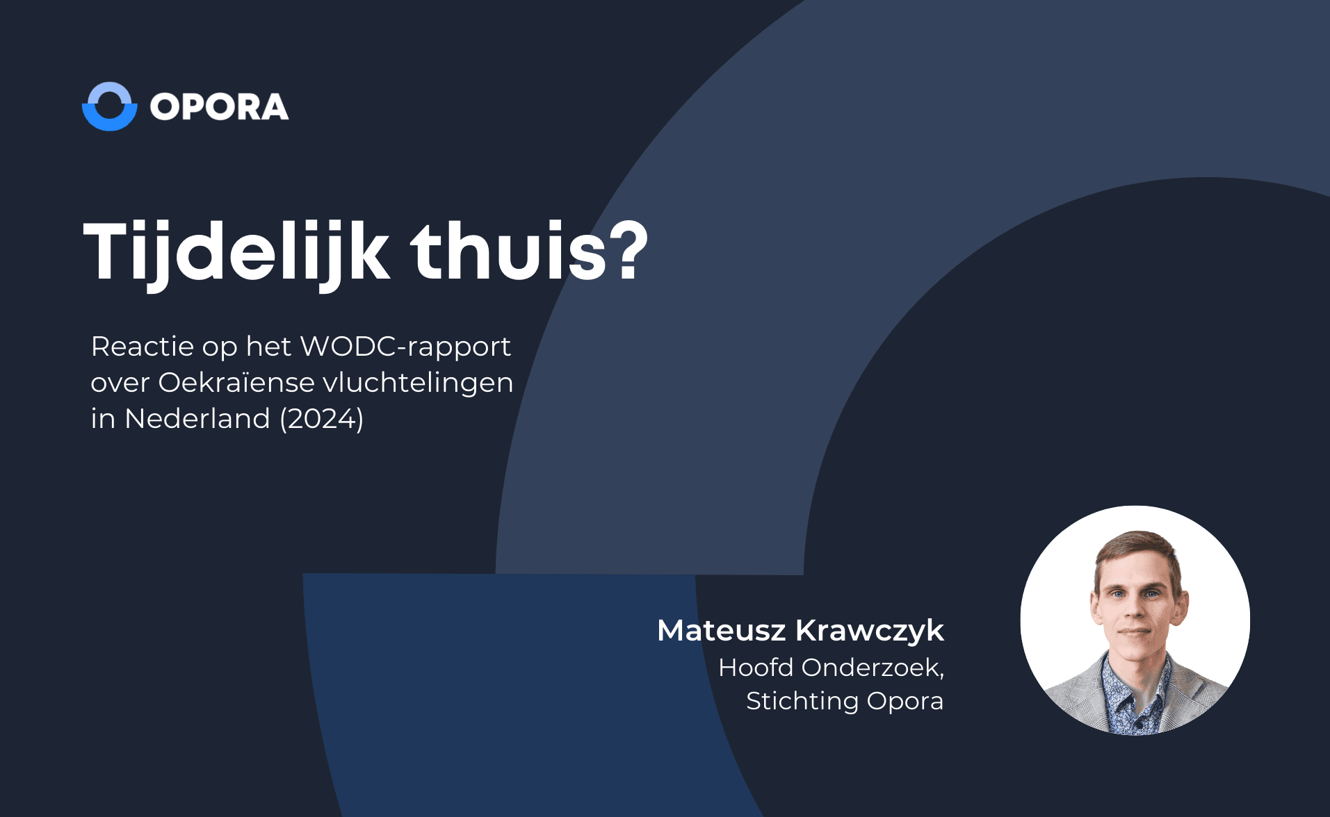 Title card for the article “Temporarily at Home?” featuring OPORA Foundation branding and a portrait of the author, with the Dutch title “Tijdelijk thuis?” on a dark background.