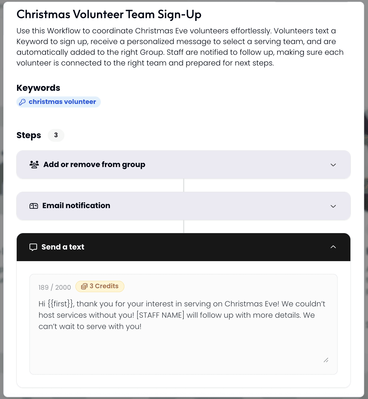 This example of automated church texting in Gloo shows how you can easily create a workflow to onboard holiday volunteers.