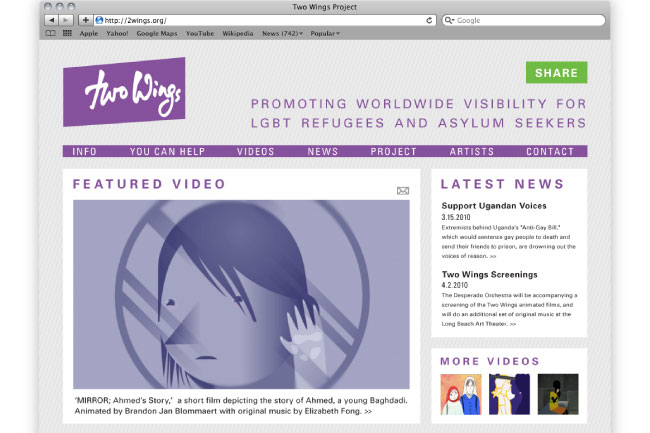 A screenshot of the Two Wings Project website displays a purple banner with the project’s logo and tagline: “PROMOTING WORLDWIDE VISIBILITY FOR LGBT REFUGEES AND ASYLUM SEEKERS.” Below, a navigation bar includes links for INFO, YOU CAN HELP, VIEWS, NEWS, PROJECT, ARTISTS, and CONTACT. A featured video titled “MIRROR; Ahmed’s Story” shows an animated figure with long hair and a distressed expression, credited to Brandon Jan Blommaert with original music by Elizabeth Fong. The “LATEST NEWS” section highlights “Support Ugandan Voices” with details about an anti-Gay bill extension and a screening of two wings animated films at Long Beach Art Theater. The “MORE VIDEOS” section includes three small video thumbnails.