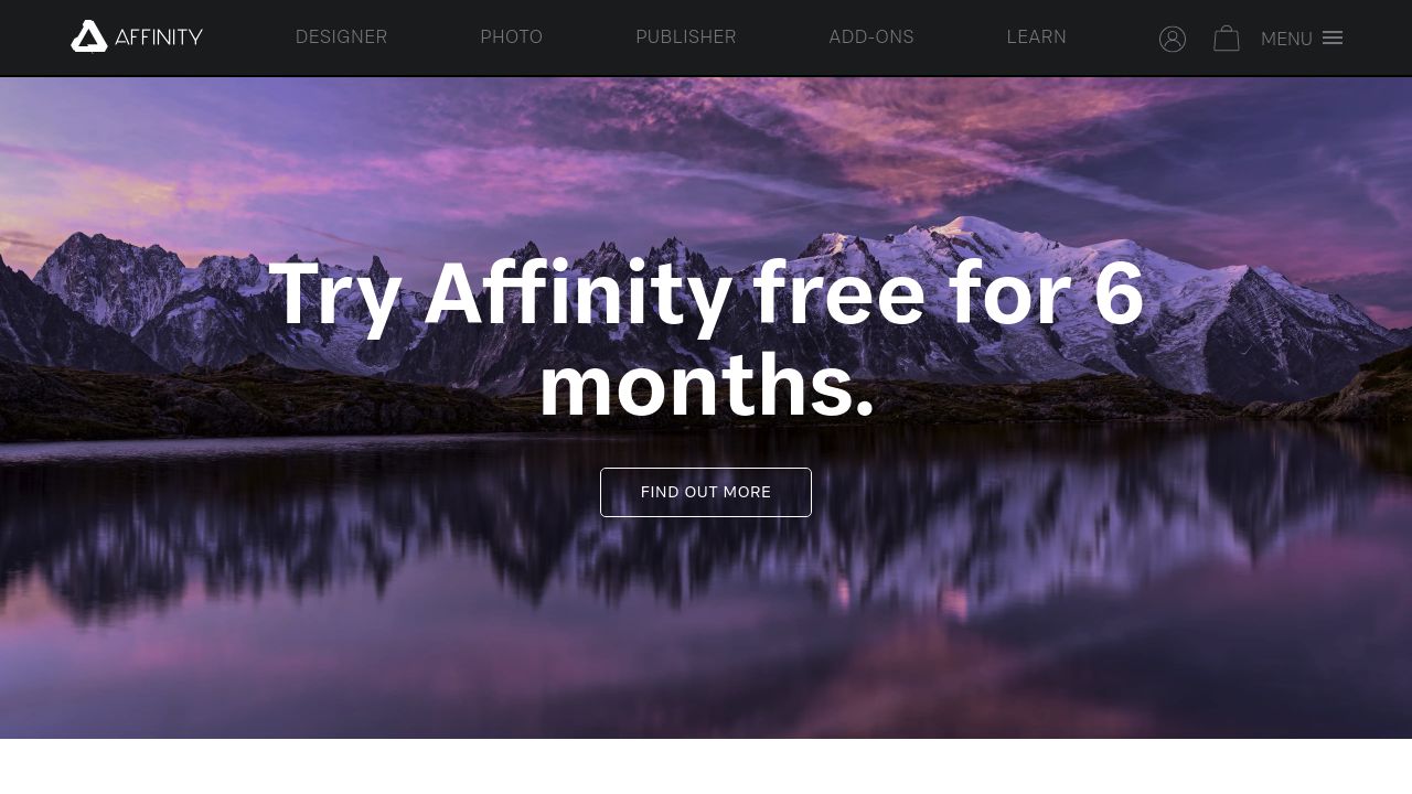 Screenshot of the Affinity Designer website displaying graphic design software features