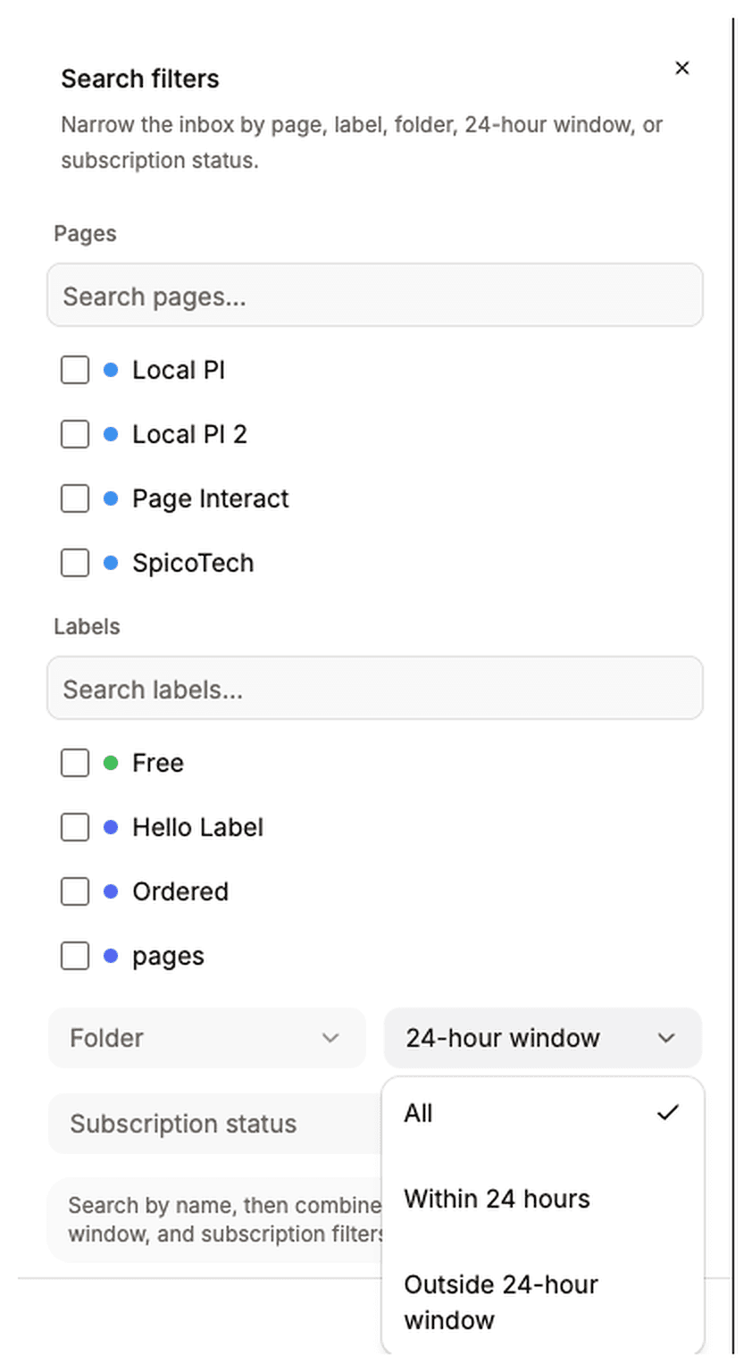 Inbox search filters panel with page and label checkboxes and the 24-hour window menu open on All, Within 24 hours and Outside 24-hour window.
