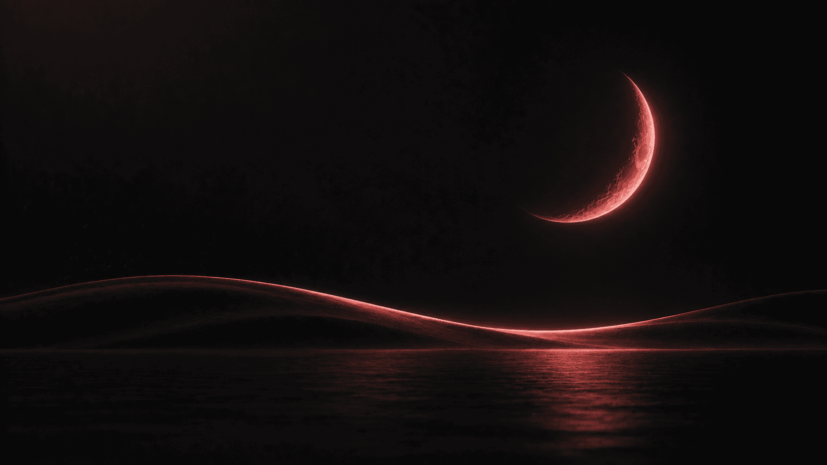 A soft coral-red crescent moon over calm waves of light on a dark background, representing accessibility and comfort in a restful experience.